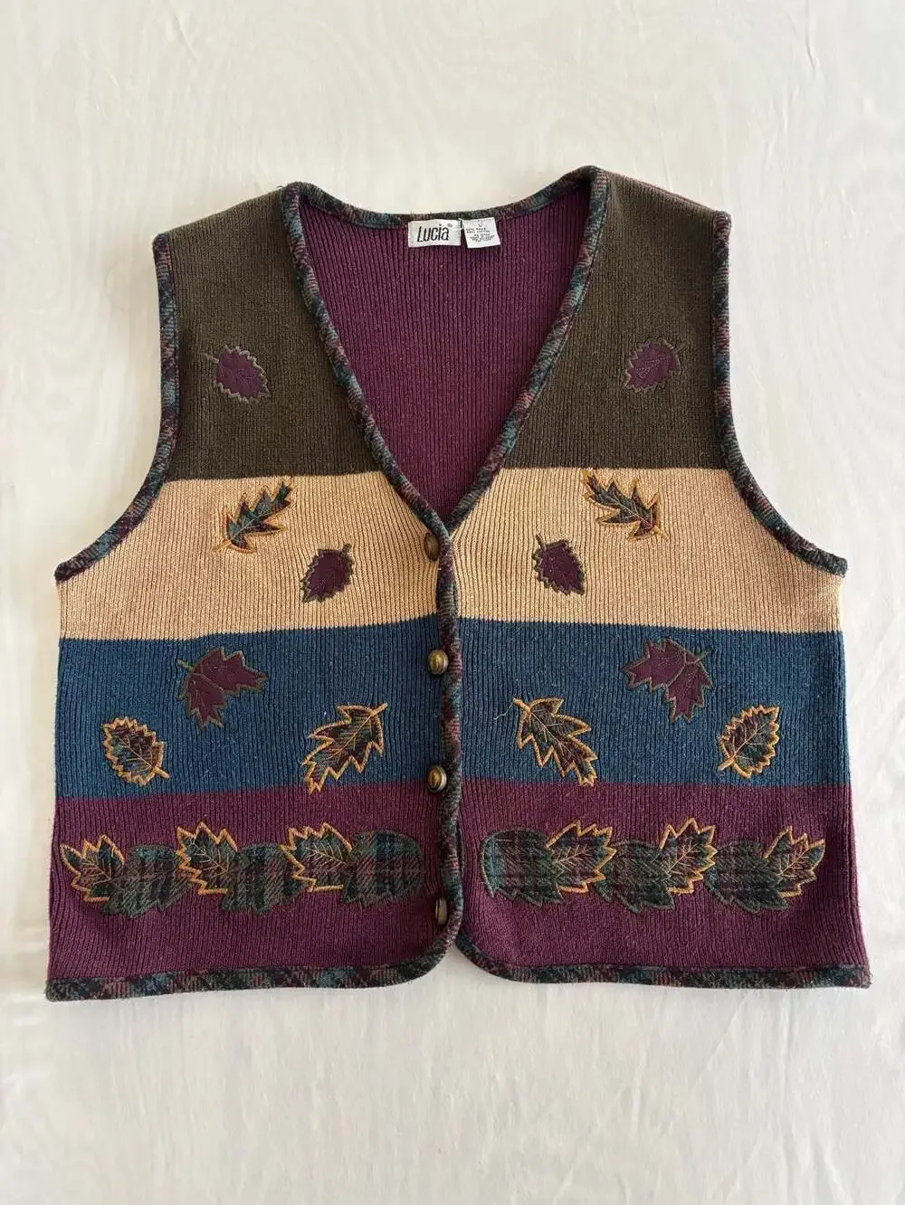 Lucia Vintage Embroidered Plaid Leaf Knit Sweater Vest Size Large